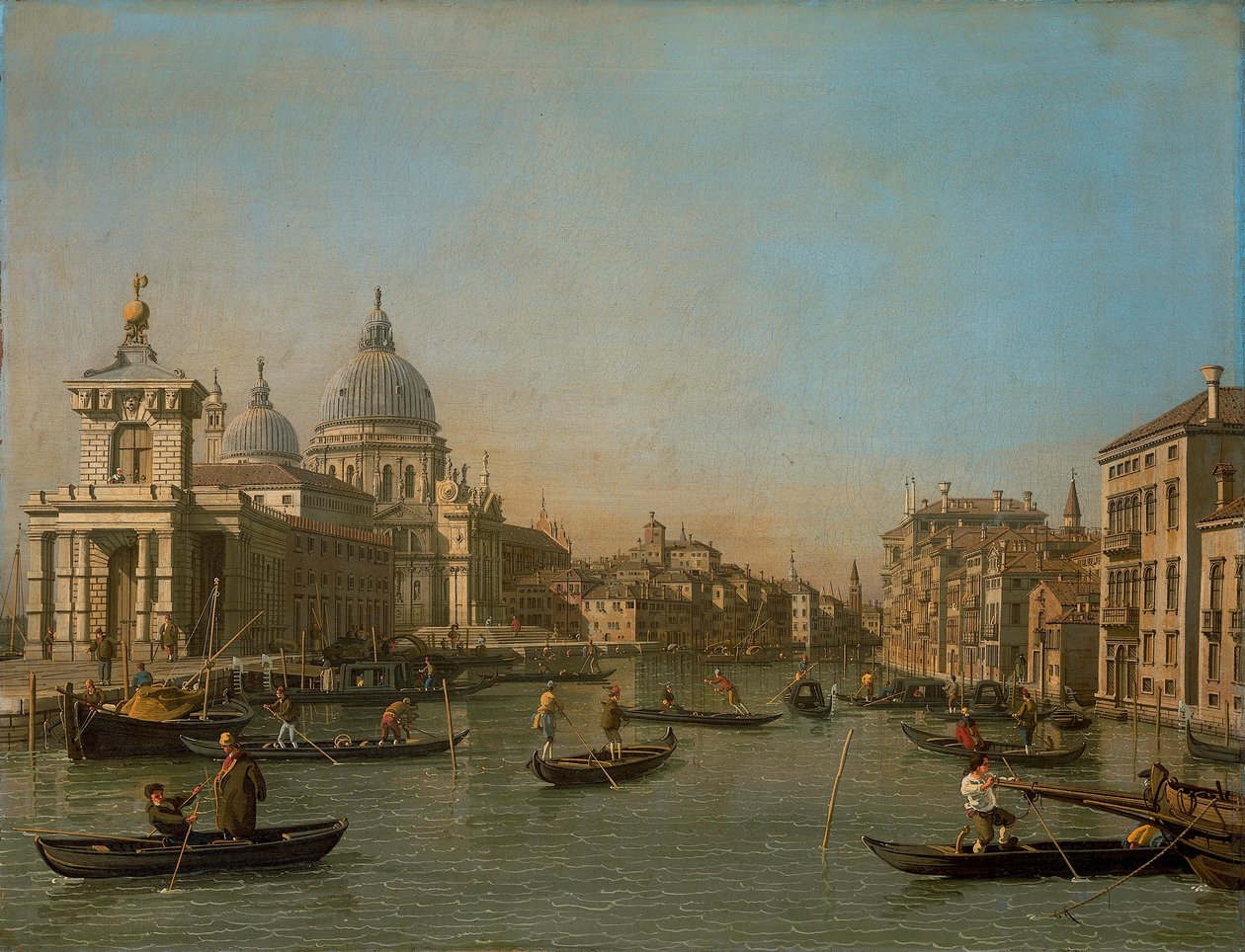 De ingang van het Canal Grande bij de Punta della Dogana en de Santa Maria della Salute av Giovanni Antonio Canal