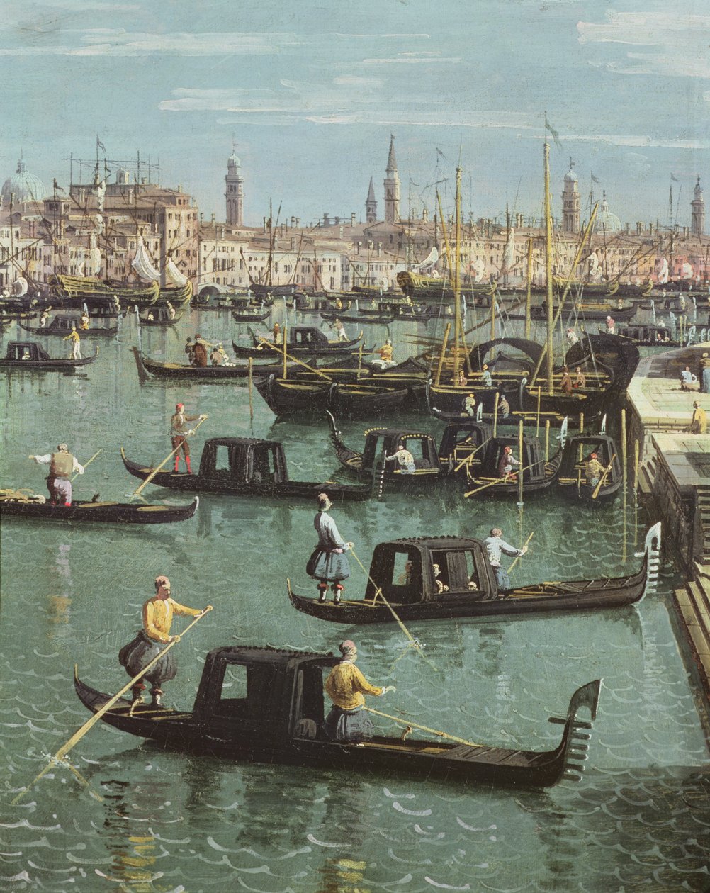 Gondoliers nära ingången till Canal Grande och kyrkan Santa Maria della Salute, Venedig (detalj av 156534) av Giovanni Antonio Canal