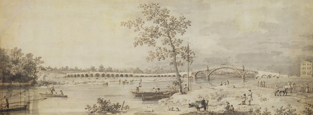 Old Walton Bridge sett från Middlesex Shore, 1755 (penna och bläck med tvätt på papper) av Giovanni Antonio Canal
