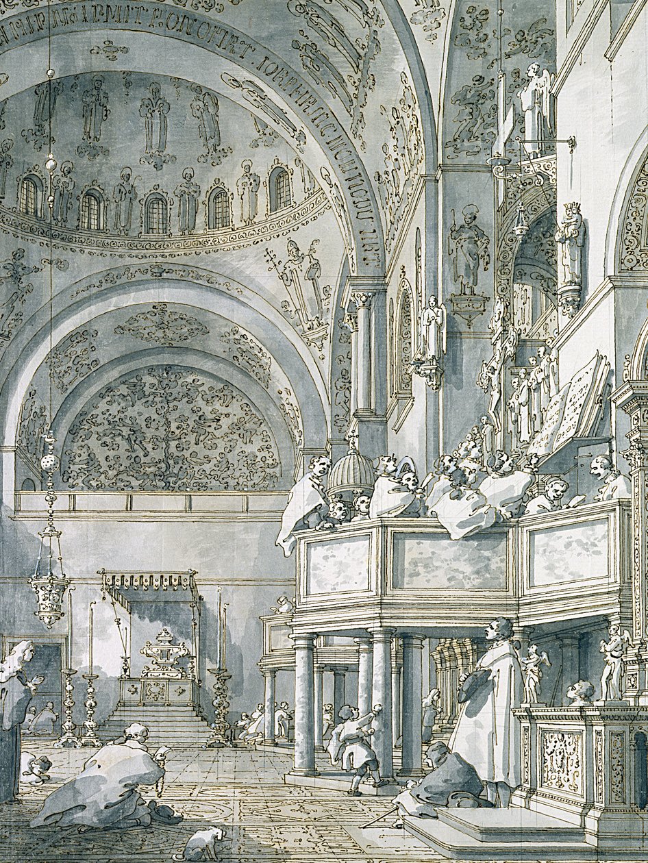 Körsången i Markuskyrkan, Venedig, 1766 (penna, bläck och tvätt på papper) av Giovanni Antonio Canal