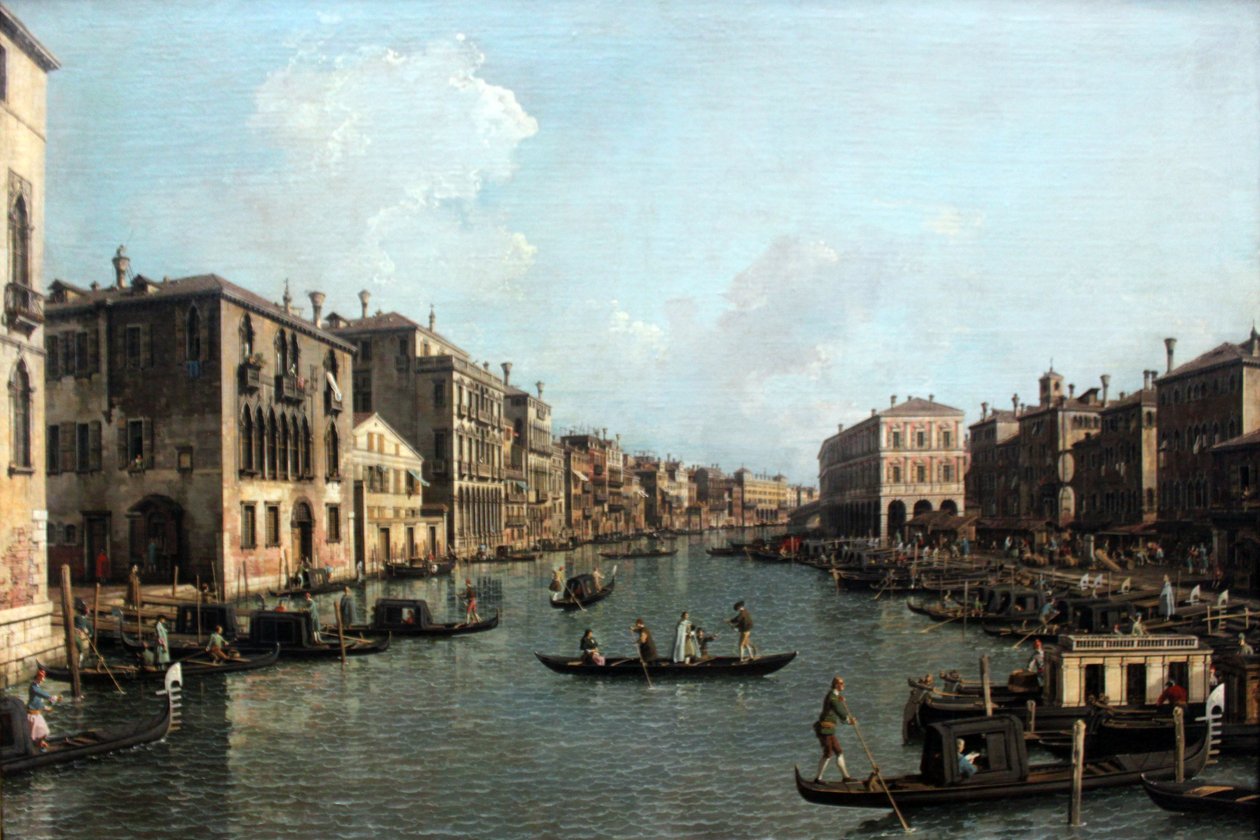 The Grand Canal with a view to the southeast of the Rialto Bridge av Giovanni Antonio Canal