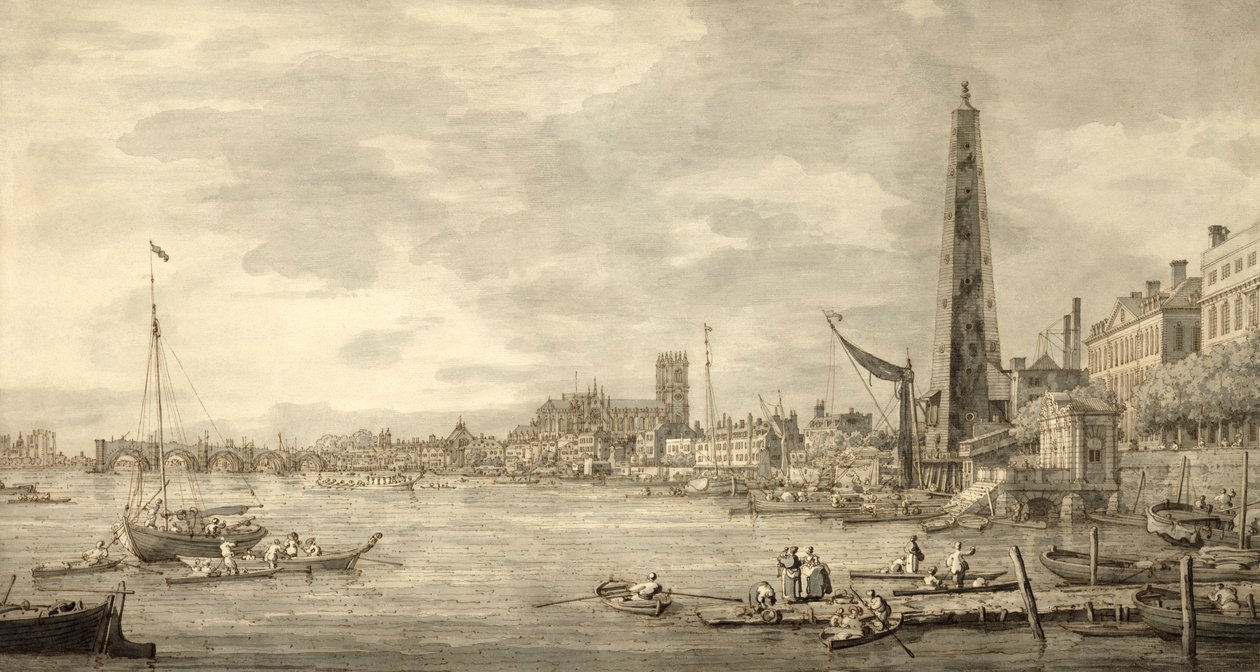 Themsen blickar mot Westminster från nära York Water Gate (penna och brunt bläck med grå tvätt på papper) av Giovanni Antonio Canal