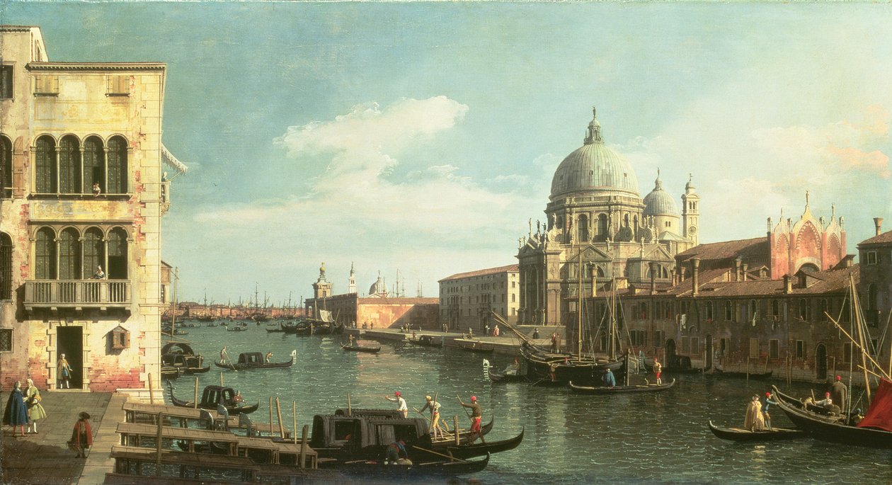 Utsikt över Canal Grande: Santa Maria della Salute och Dogana från Campo Santa Maria Zobenigo, tidigt 1730-tal av Giovanni Antonio Canal