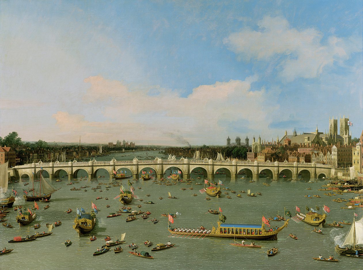 Westminster Bridge, London, med Lord Mayors procession på Themsen av Giovanni Antonio Canal