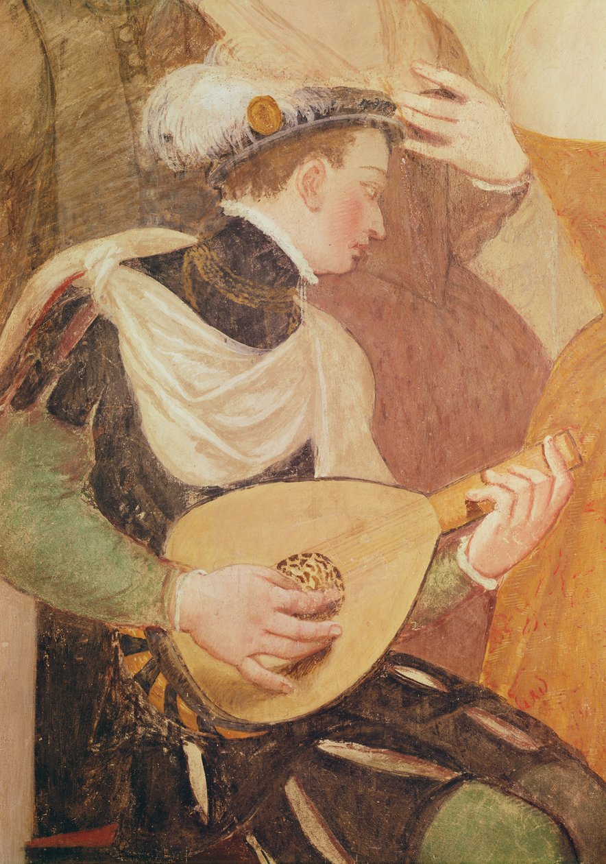 Invitation to the Dance, detalj av en musiker, fresk från 1570 av Giovanni Antonio Fasolo