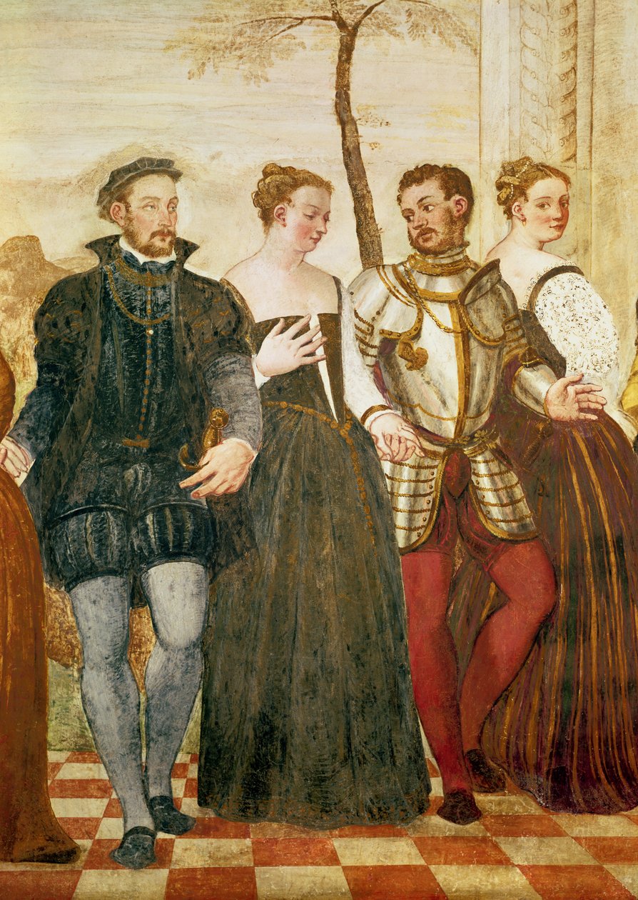 Invitation to the Dance, detalje af den centrale gruppe, 1570 (detaljer fra 20000) swed av Giovanni Antonio Fasolo