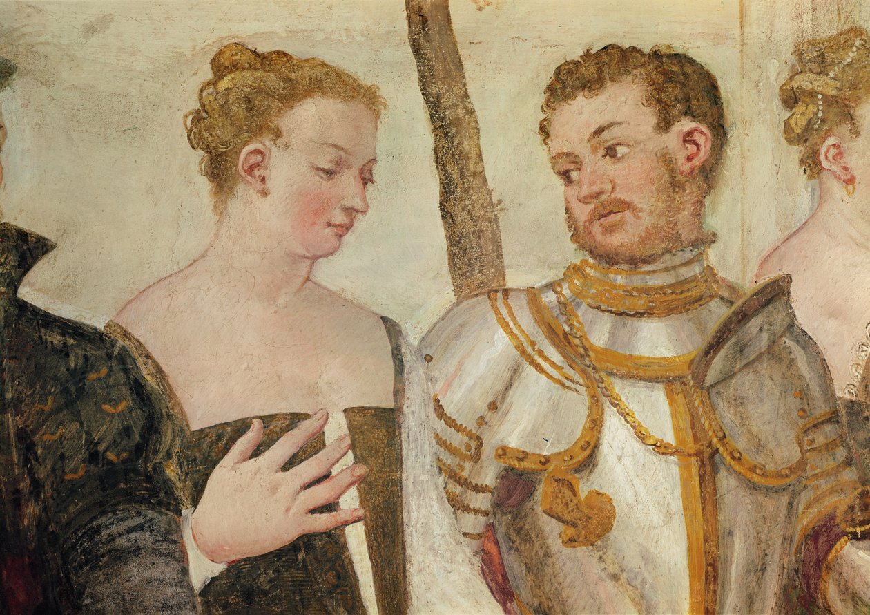 Inbjudan till dansen, detalj av två huvuden, fresk från 1570 av Giovanni Antonio Fasolo