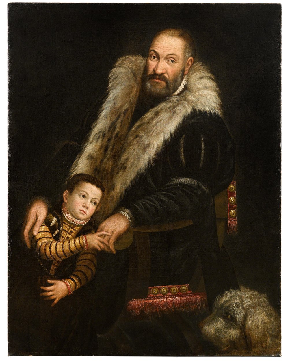 Porträtt av en gentleman och ett barn med en hund av Giovanni Antonio Fasolo