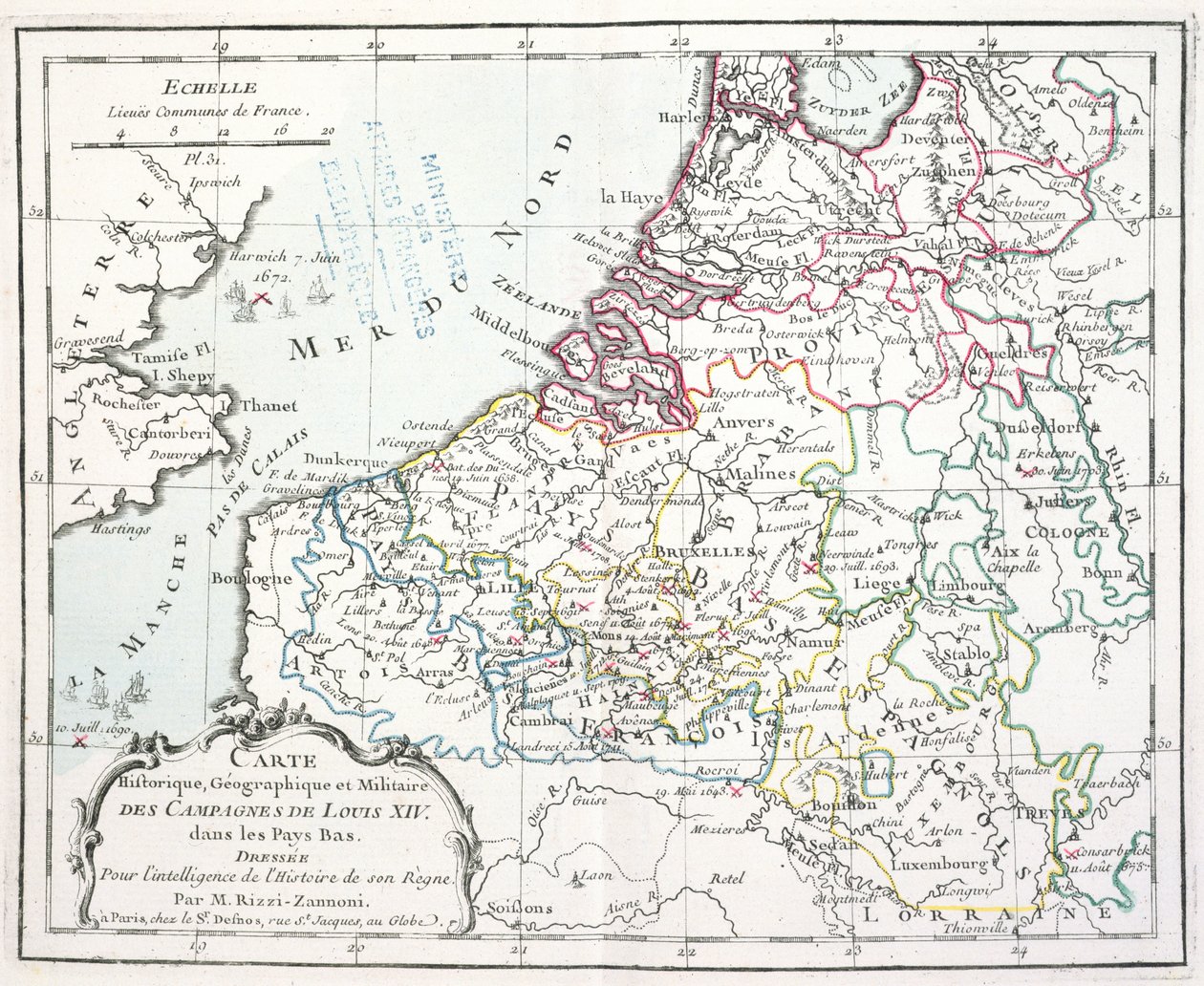 Karta som visar Ludvig XIV:s militära kampanjer i de låga länderna, från Atlas géographique et militaire, publicerad i Paris, 1763 (färgstick) av Giovanni Antonio Rizzi Zannoni