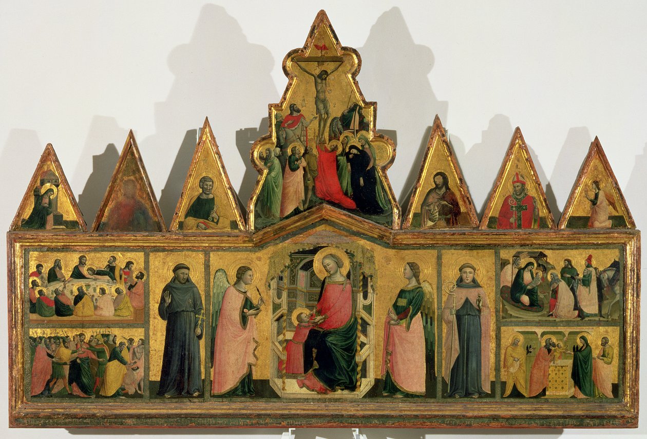 Polyptyk: central panel som föreställer Madonnan och barnet som tronas av änglar och helgon omgiven av paneler som visar scener från Kristi liv, triangulära frontoner som visar helgon, änglar en av Giovanni Baronzio da Rimini