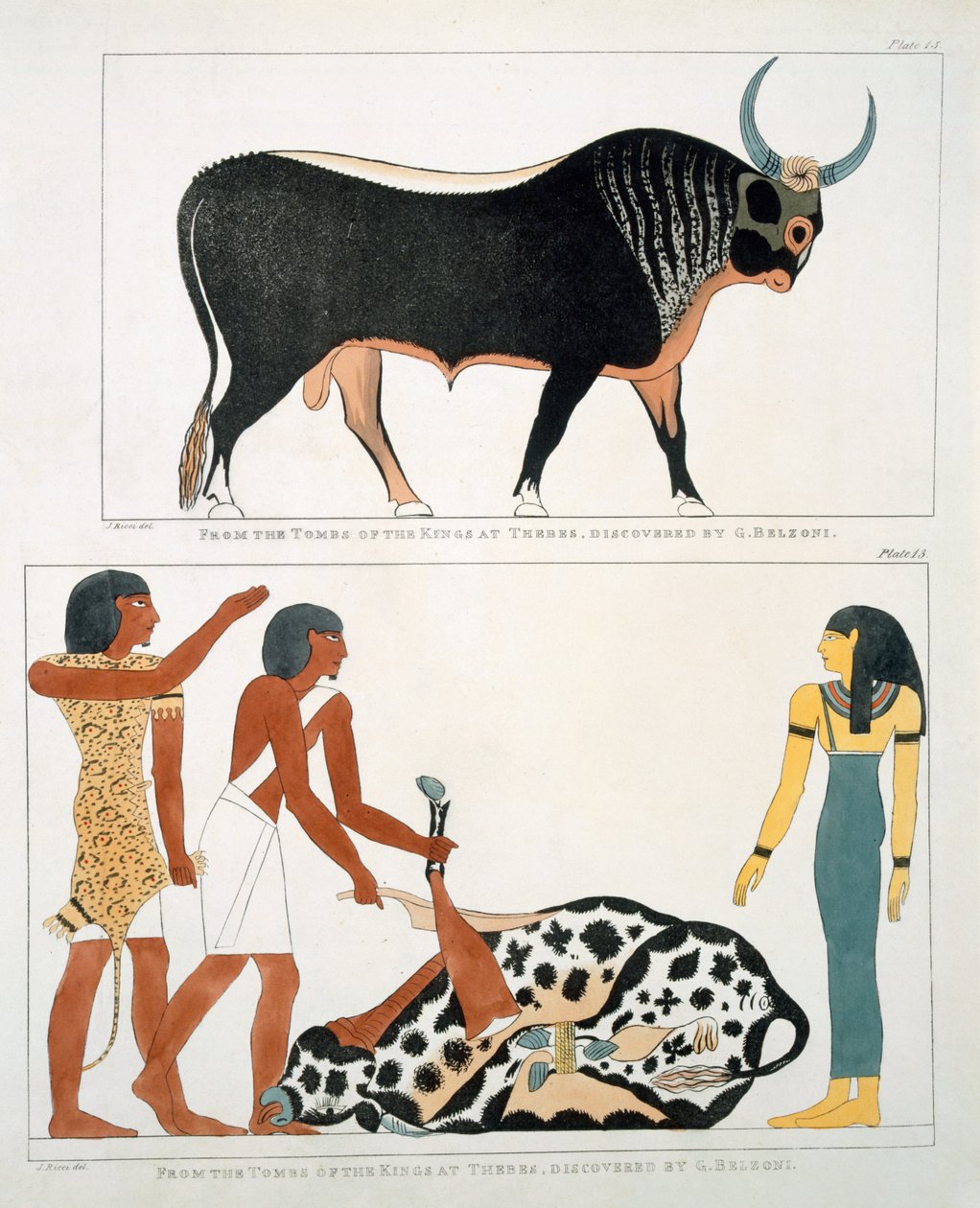 Muralmålning från kungagravarna i Thebe, upptäckt av G. Belzoni, tavla 13 från "Plates Illustrative of the Researches in Egypt and Nubia", 1820-22 av Giovanni Battista Belzoni