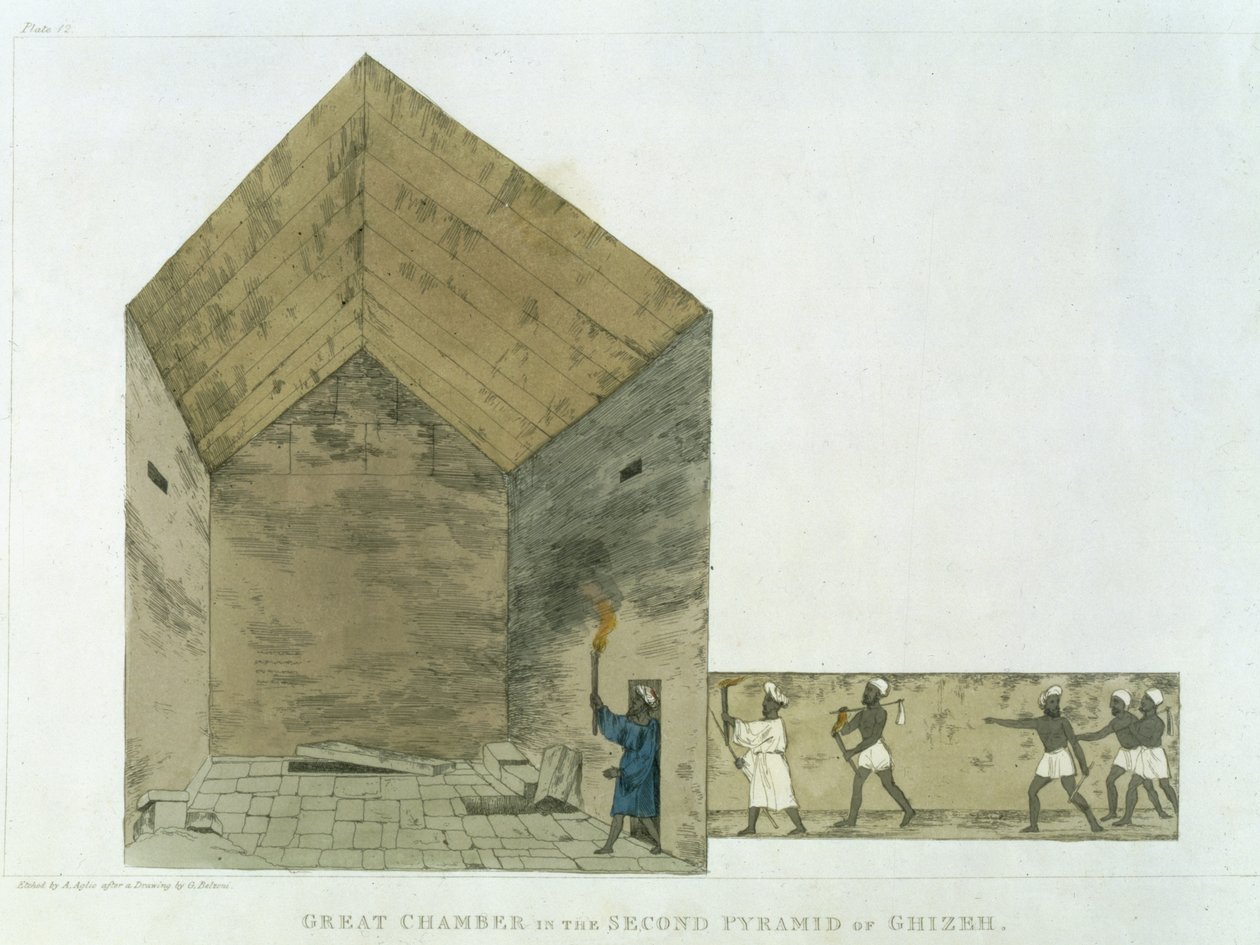 Den stora kammaren i den andra pyramiden i Ghizeh, upptäckt av Giovanni Belzoni, tavla 12 från `Plates Illustrative of the Researches in Egypt and Nubia`, graverad av Augustine Aglio (1777-1857) 182 av Giovanni Battista Belzoni