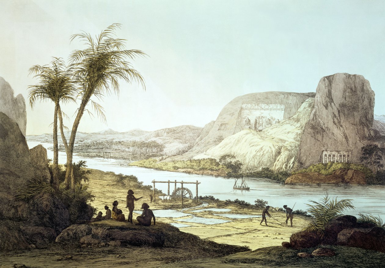 Vy över templen i Abu Simbel, Nubien, graverad av Augustine Aglio (1777-1857) av Giovanni Battista Belzoni