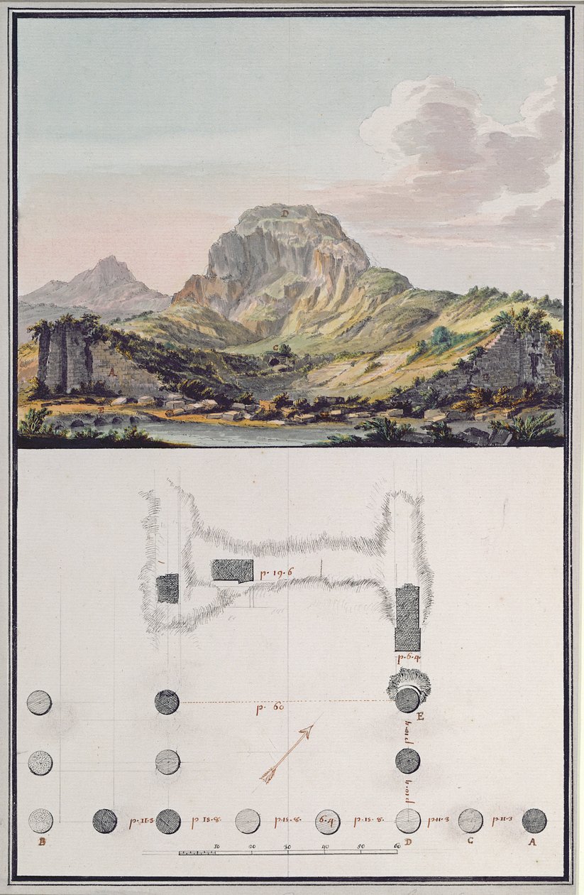 Utsikt över teatern i Sardis och en plan över det joniska templet i Sardis, ca 1750 (penna och bläck, akvarell, tvätt, gouache och penna på papper) av Giovanni Battista Borra