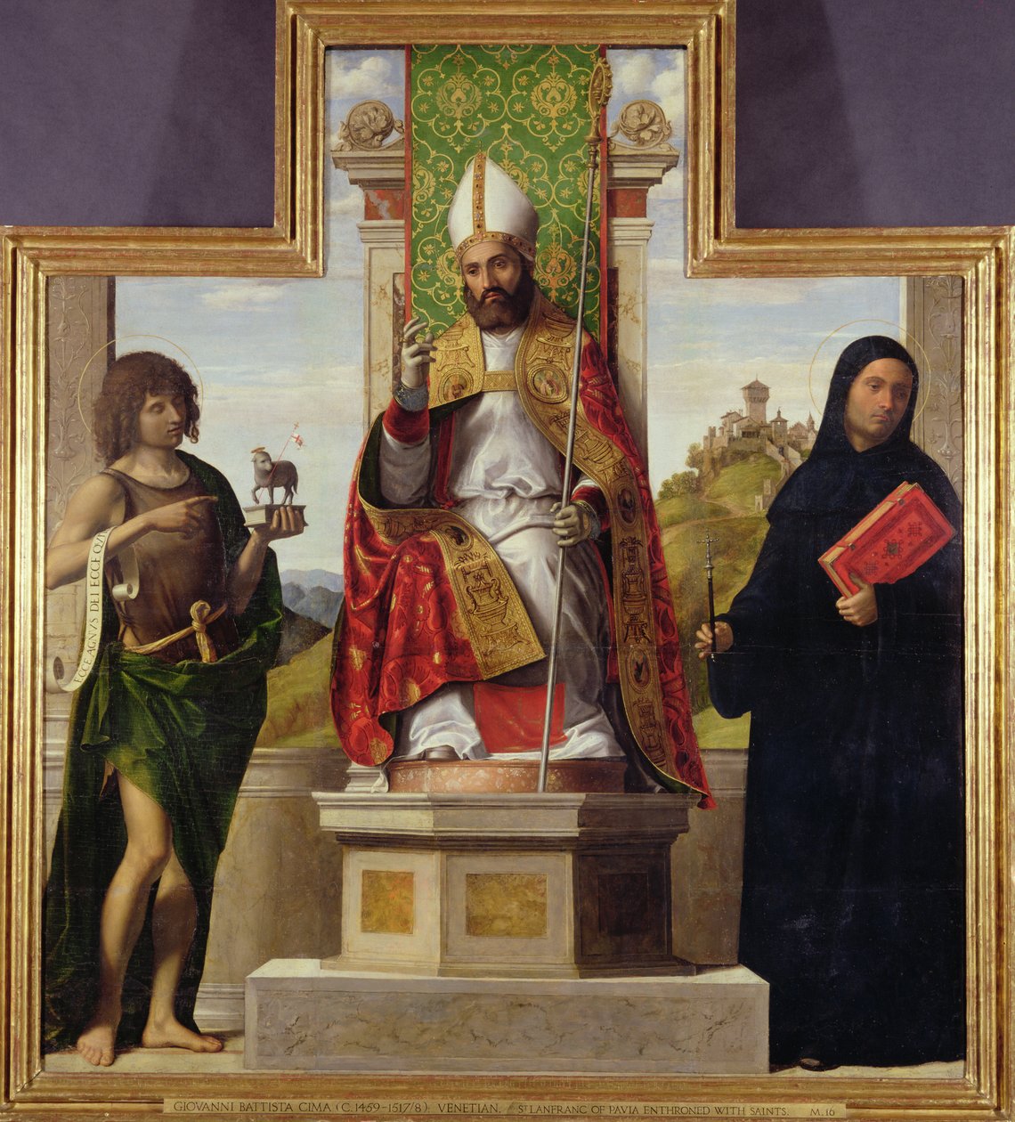Den helige Lanfranc av Pavia tronade mellan Johannes döparen och den helige Liberius, ca 1515-16 av Giovanni Battista Cima da Conegliano