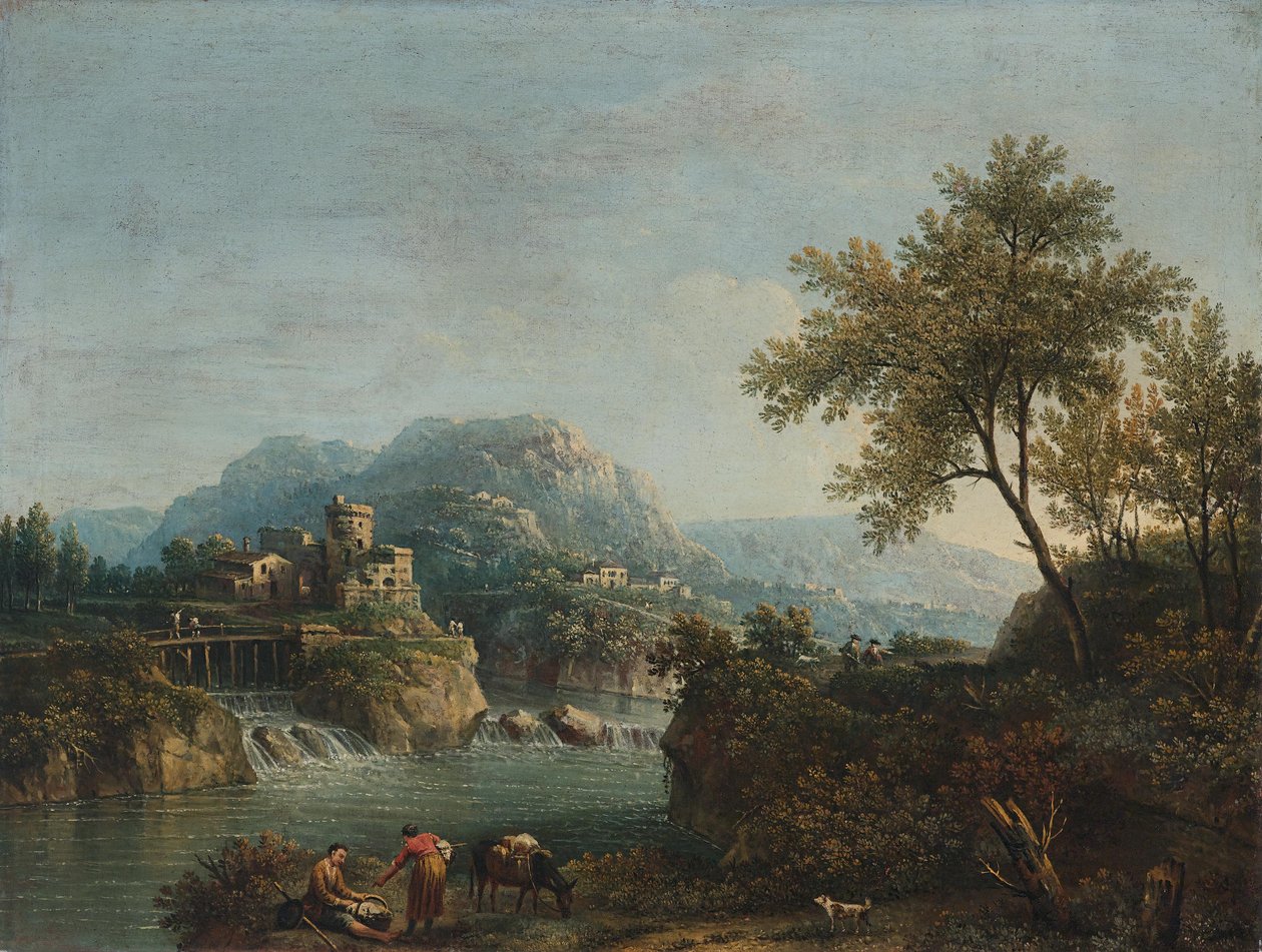 Flodlandskap med figurer och en åsna av Giovanni Battista Cimaroli