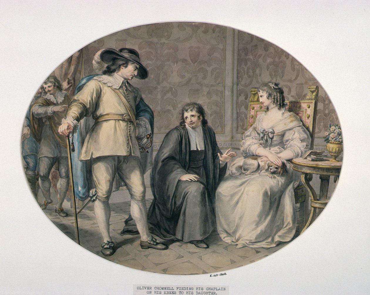 Oliver Cromwell upptäcker sin kaplan, Jeremiah White, på knäna före sin yngsta dotter, Frances av Giovanni Battista Cipriani