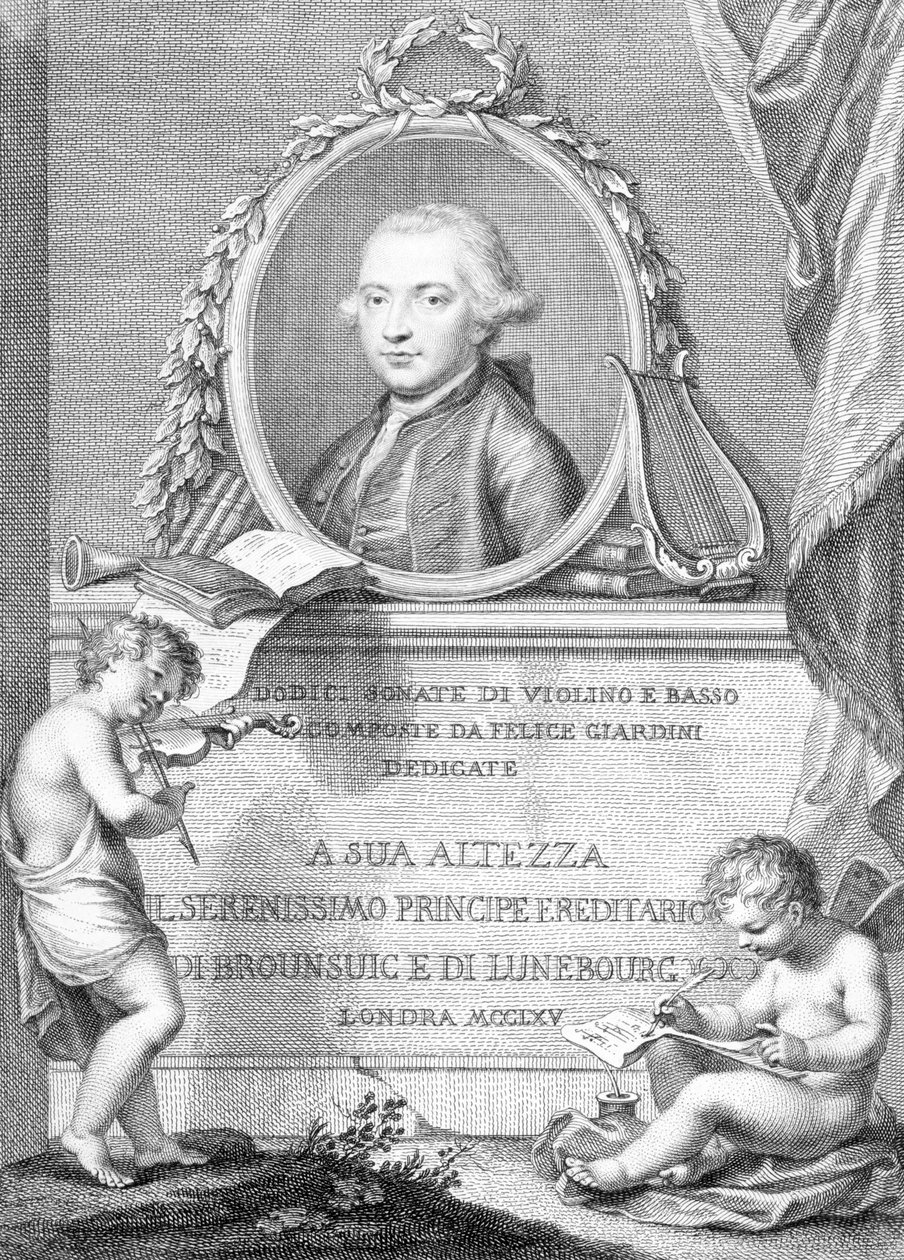 Jalada la Muziki la Laha lenye picha ya Felice Giardini, iliyochongwa na Francesco Bartolozzi swed av Giovanni Battista Cipriani