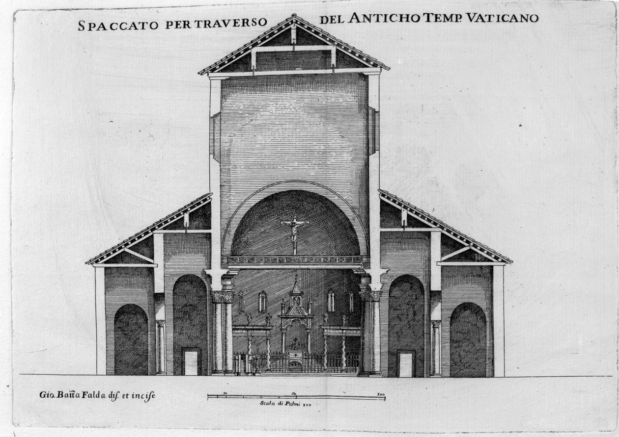 Ett tvärsnitt av den gamla Vatikankyrkanen Peterskyrkan av Giovanni Battista Falda