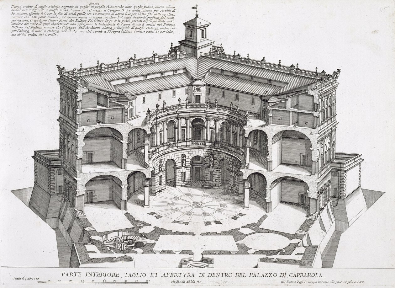 Tvärsnitt av Villa Caprarola, Bagnaia av Giovanni Battista Falda