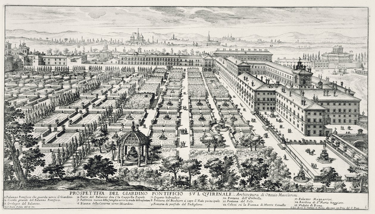 Quirinalens trädgårdar, från "Li Giardini di Roma", utgiven omkring 1683 (se även 172930). av Giovanni Battista Falda