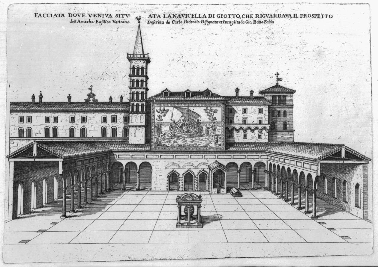 Benediction Loggia av Gamla Vatikanbasilikan med utsikt över Giottos mosaik av Giovanni Battista Falda