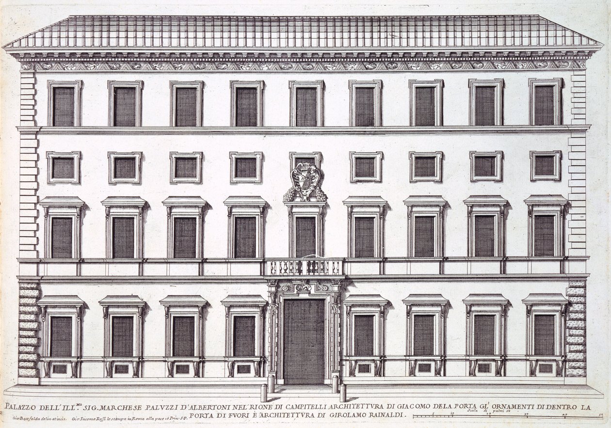 Utsikt över fasaden på Palazzo Marchese, Rom, designad av Giacomo della Porta (1538-1602) och Girolamo Rainaldi (1570-1655) av Giovanni Battista Falda