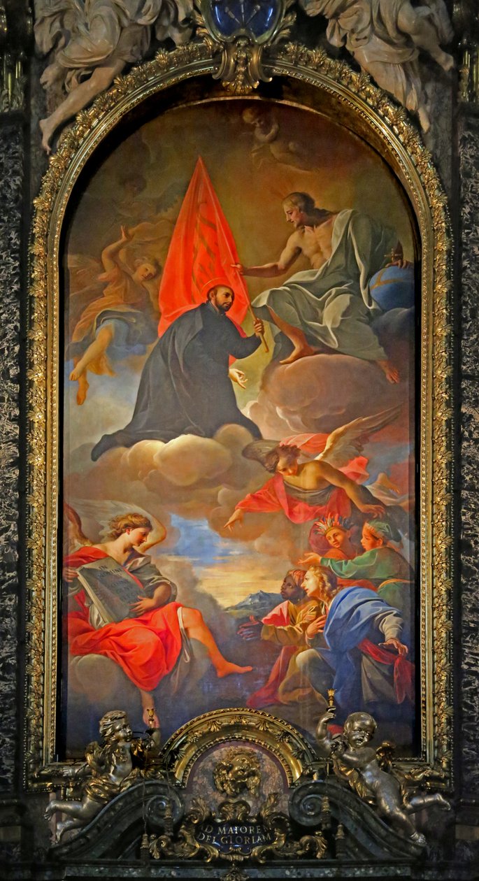 Målning av ett helgon med Kristus, änglar och tillbedjare av Giovanni Battista Gaulli