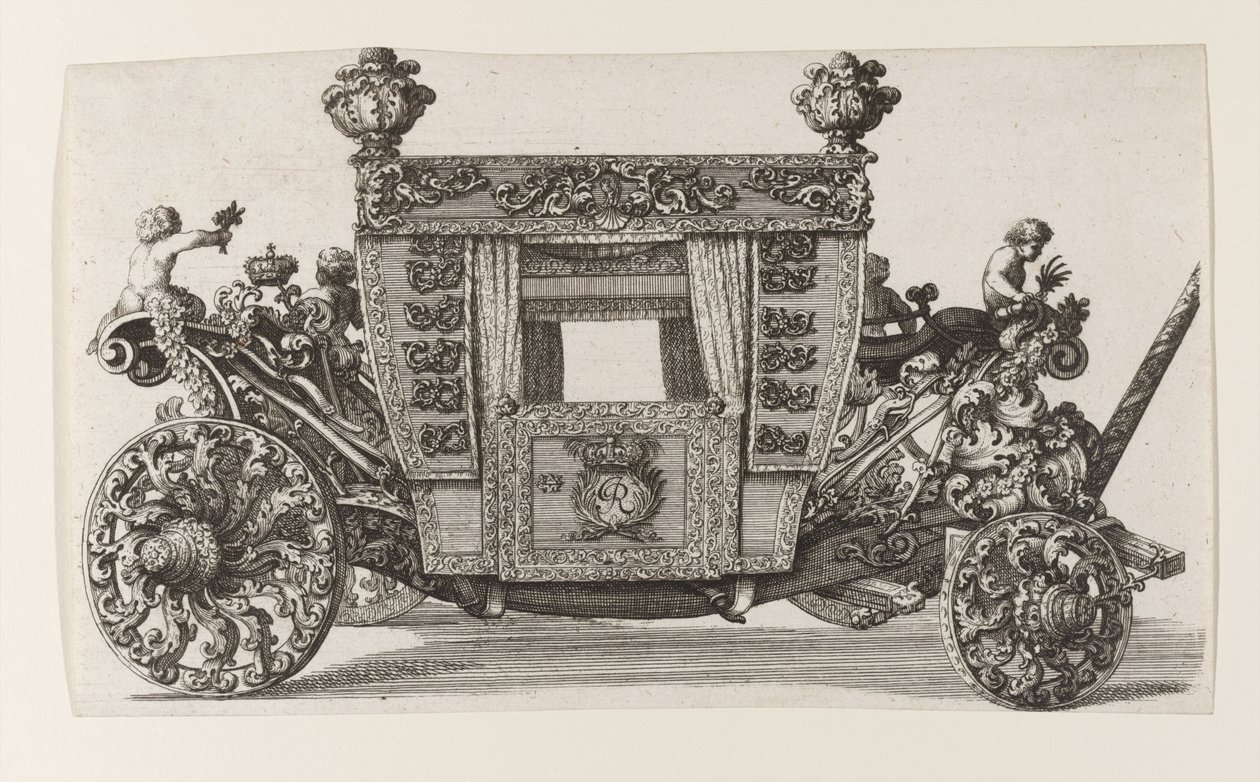 Sidovy av Lord Castelmaines andra vagn som byggdes 1686 av Andrea Cornely efter hans egen död.... av Giovanni Battista Lenardi