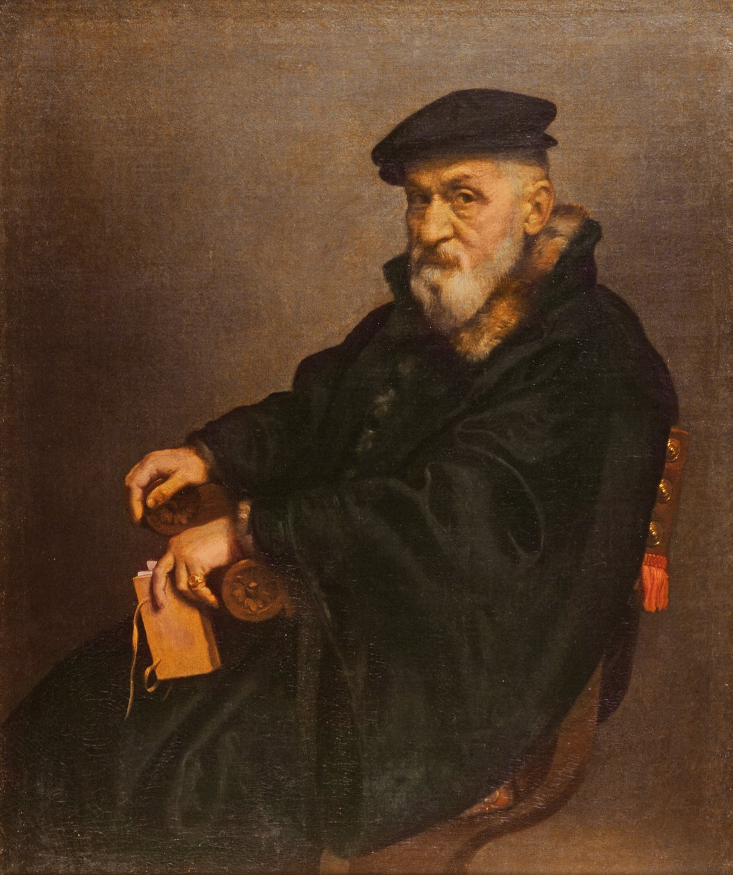 Porträtt av en gammal man med en bok, möjligen Giovan Battista Seradobati, en italiensk notarie, efter 1575 av Giovanni Battista Moroni