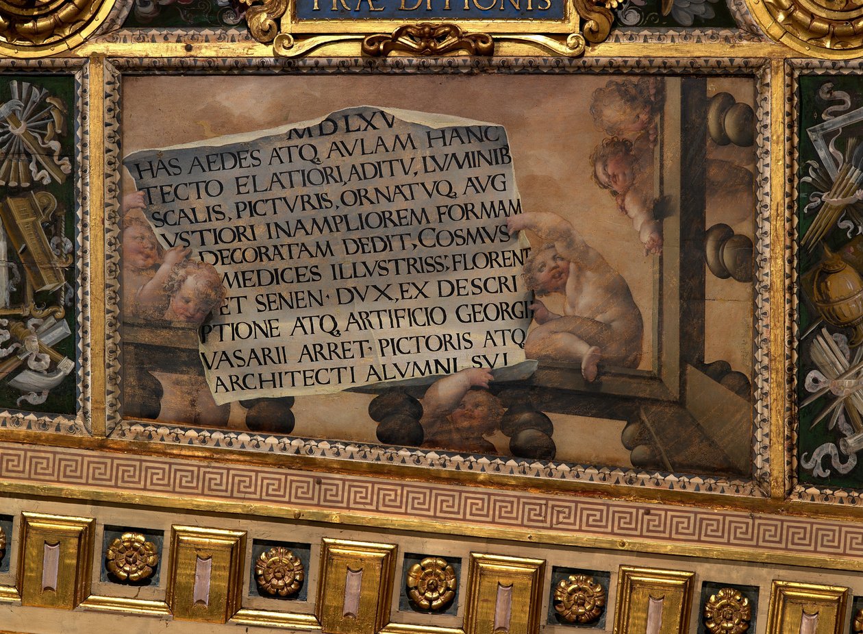 Puttoes with scroll and writing av Giovanni Battista Naldini