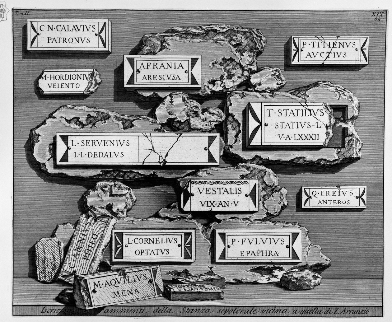 Avanzi della camera Sepolcrale ad uso della plebe nella villa Magnani; cfr. Pianta di Roma de Piranesi, no. 88 av Giovanni Battista Piranesi