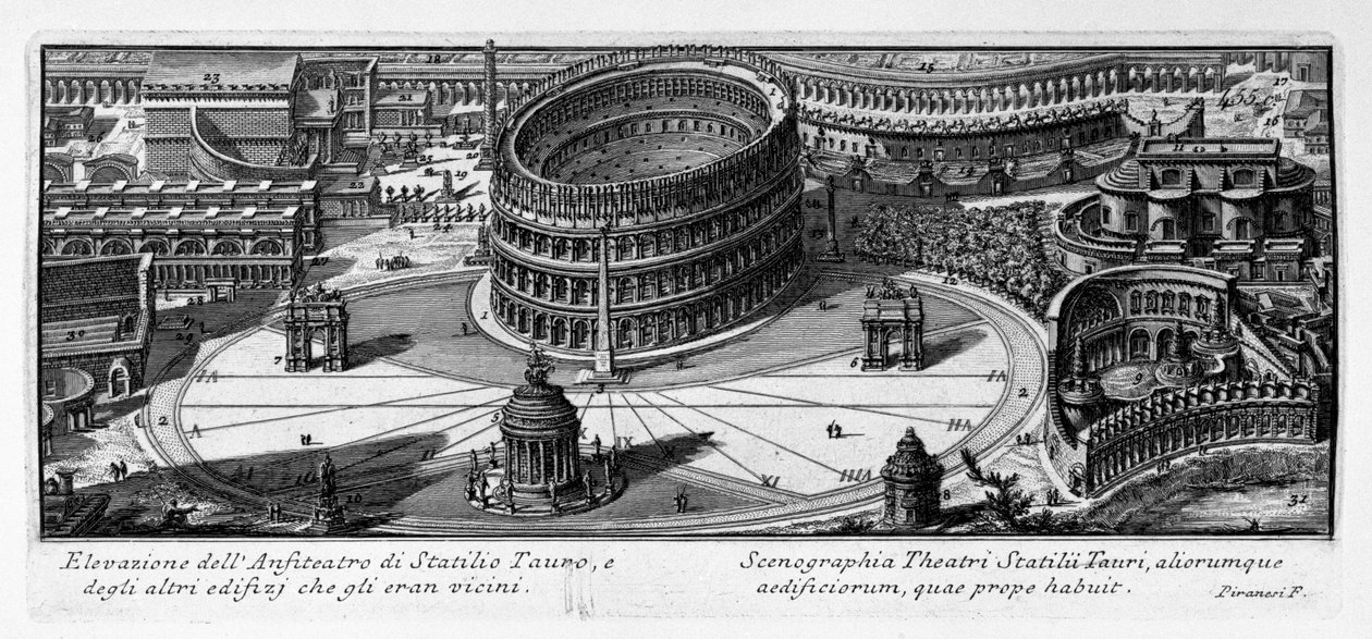 Höjd över amfiteatern i Statilio Tauro och de andra byggnaderna som låg nära den. Latina av Giovanni Battista Piranesi