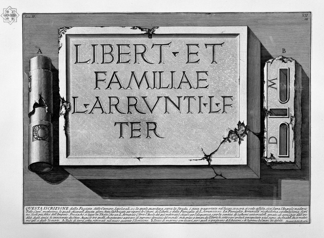 Inscription in the tomb of L. Arrunzio family av Giovanni Battista Piranesi
