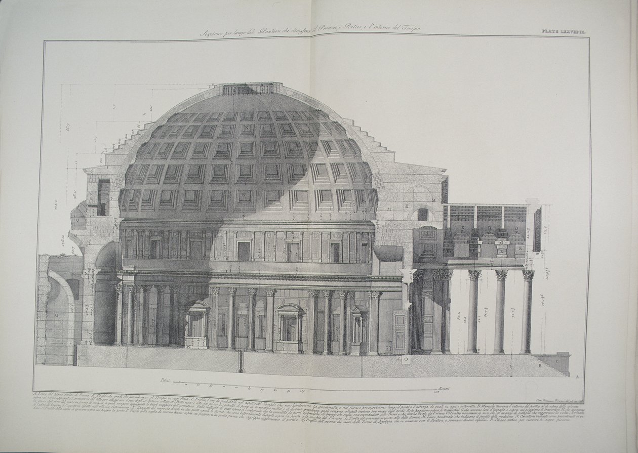 LXXVIII-IX Longitudinell sektion av Pantheon som visar kupolen, portiken och templets inre från 