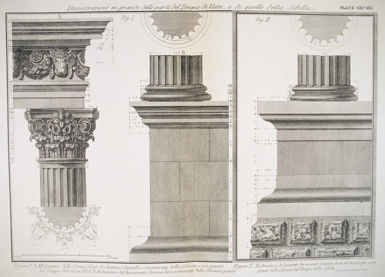 Platta CXI-XII Illustration av kolumnstrukturen i Vesta-templet och Sibilla-templet från 