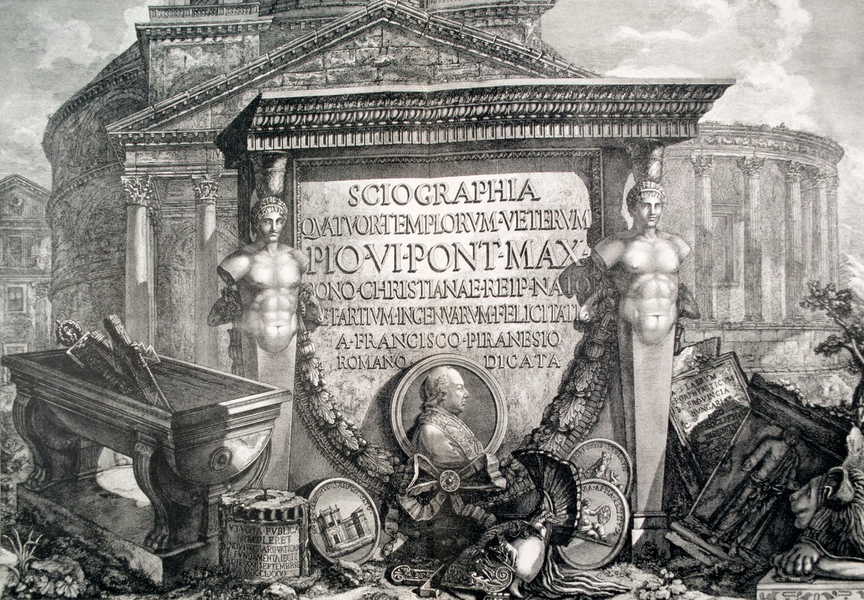 Platta LXXIII-IV Capriccio av arkitektoniska ruiner och antikviteter, illustration till kapitel med titeln "Pantheon and Temples" of "Vedute", publicerad först 1756, pub. av E och F.N. Spon Ltd., 1900 (eng av Giovanni Battista Piranesi