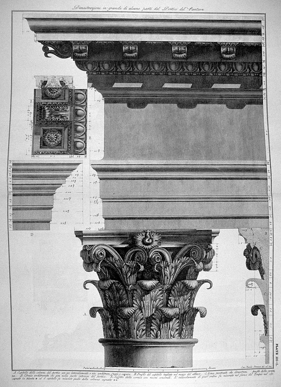 Platta XC-I Storskalig illustration av en detalj av Pantheons portik från Vedute, publicerad första gången 1756, pub. av E. & F.N Spon Ltd., 1900 av Giovanni Battista Piranesi