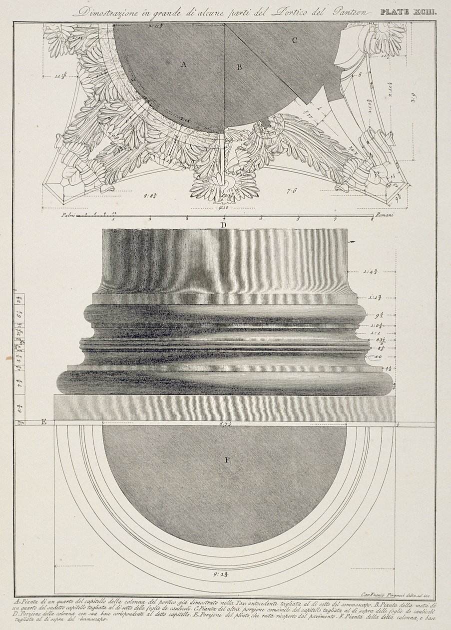 Platta XCIII Storskalig illustration av en detalj från Pantheons portik från "Vedute", publicerad först 1756, pub. av E. och F.N. Spon Ltd., 1900 av Giovanni Battista Piranesi
