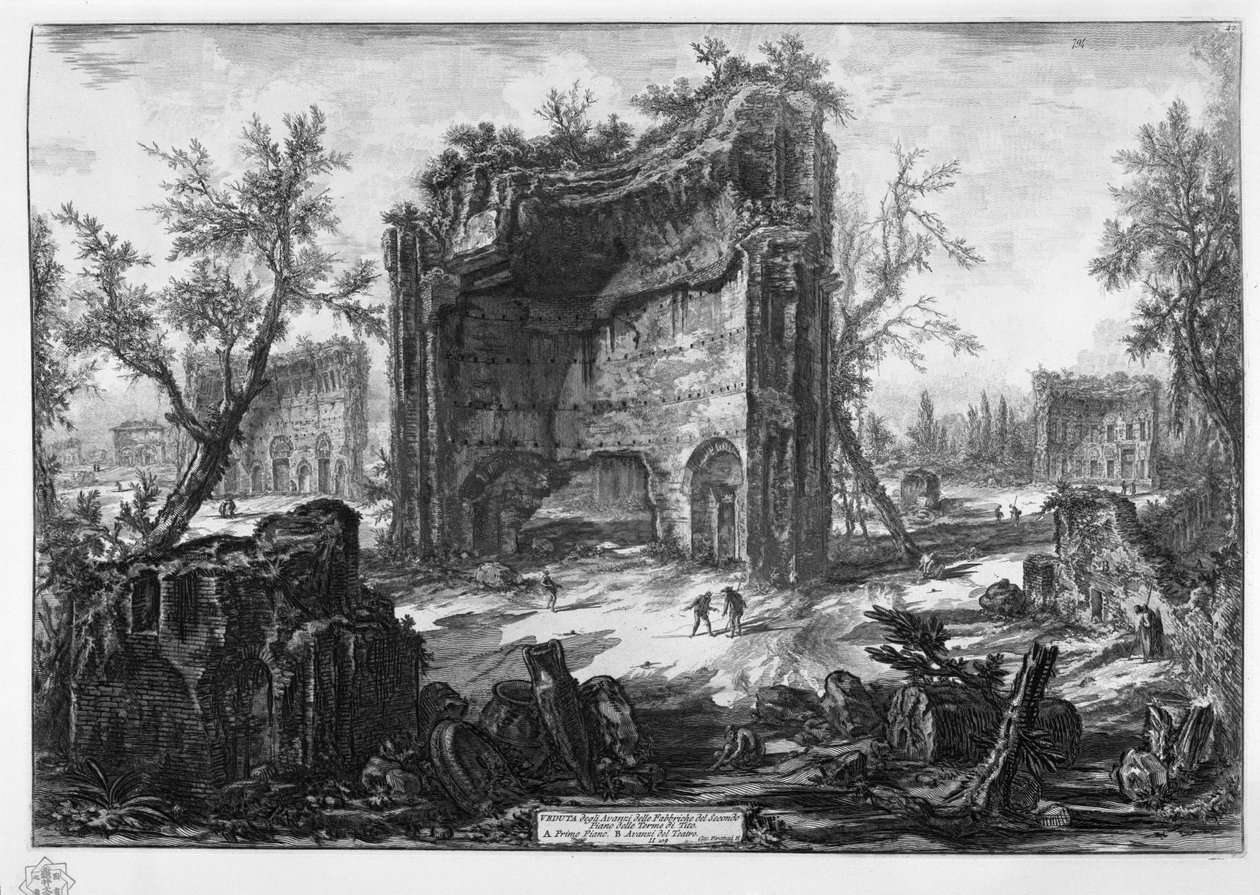 VEDUTA degli Avanzi delle Fabbriche del Secondo Piano delle Terme di Tito. A Primo Piano. B Avanzi del Teatro av Giovanni Battista Piranesi