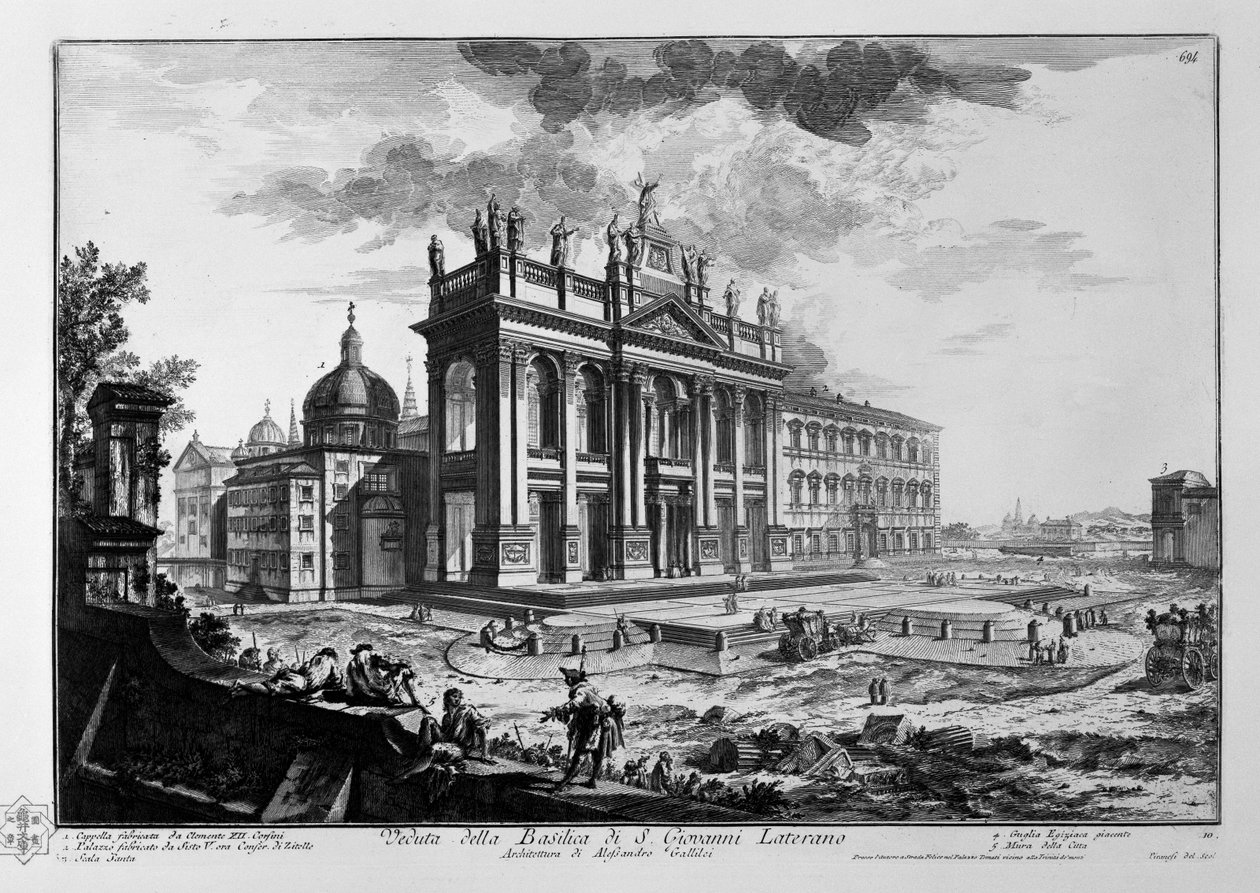 Veduta della Basilica di S. Giovanni Laterano; architettura di Alessandro Gallilei. 1. Cappella fabricata da Clemente XII. Corsini. 2. Palazzo fabricato da Sisto V. ora Conser. di Zitelle. 3. Scala Santa. 4. Guglia Egiziaca giacente. 5. Mura della Citta av Giovanni Battista Piranesi