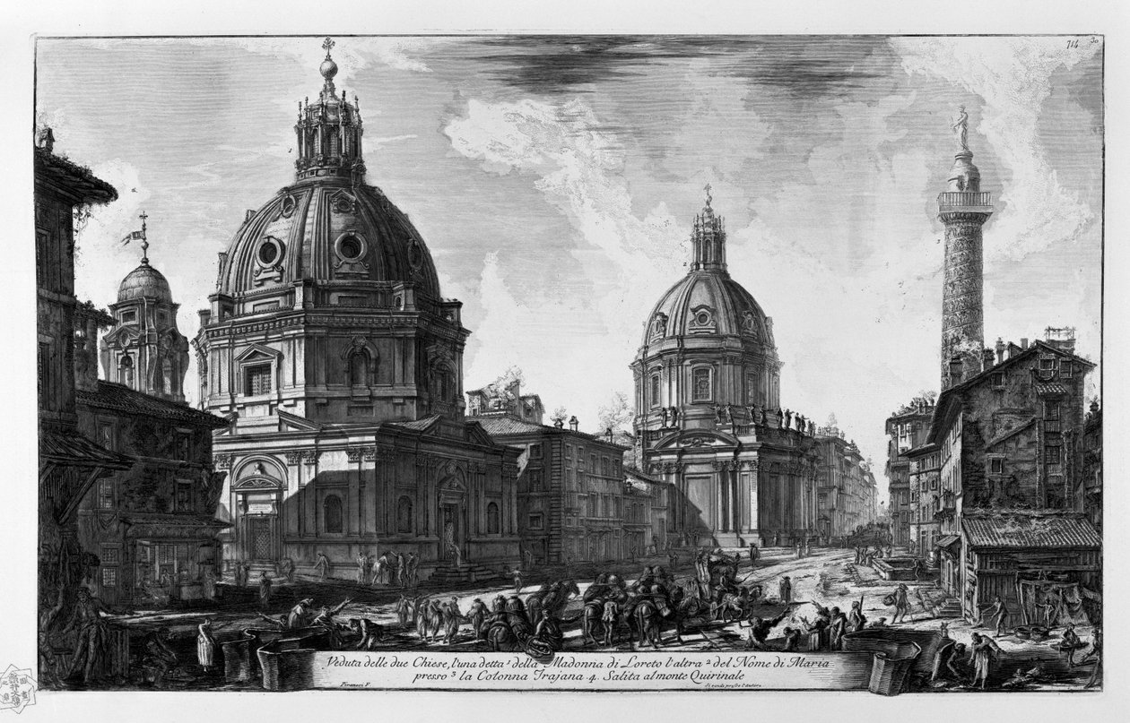 Veduta delle due Chiese. Chiesa di Santa Maria di Loreto Chiesa del Santissimo Nome di Maria Colonna Traiana. Salita al monte Quirinale av Giovanni Battista Piranesi