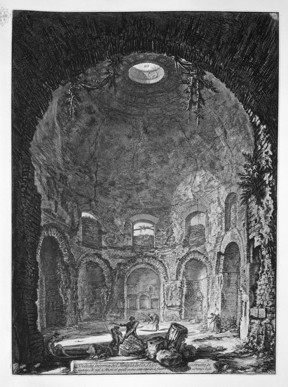 Internt syn på hostemplet byggd av tegelstenar och tuffs av Giovanni Battista Piranesi