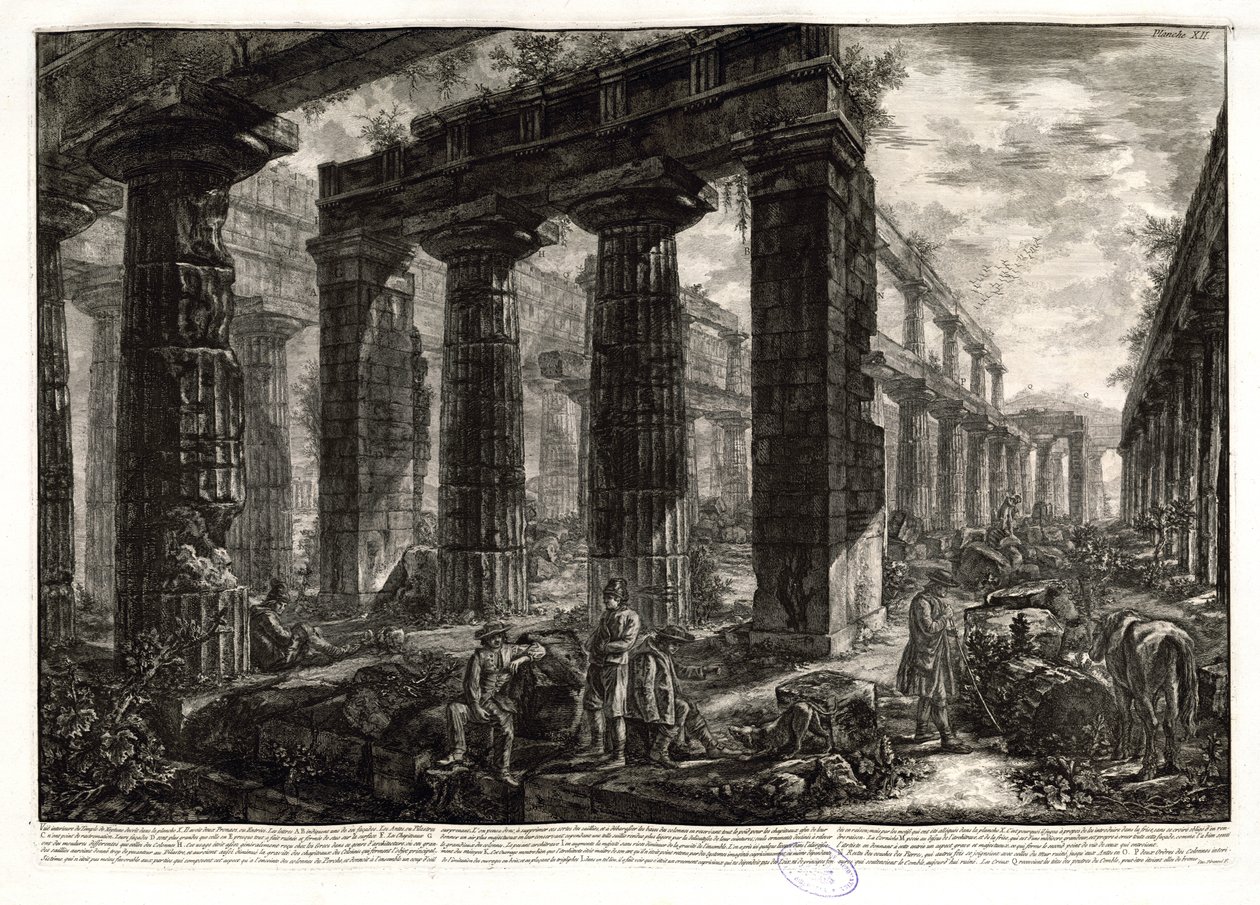 Vgl. den ersten Zustand dieser Darstellung mit der Ansicht des Tempels aus einer etwas höheren Position, mit anderer Figurenstaffage und einem leerem Schriftband, der lediglich unten rechts signiert ist. Ficacci, L. Giovanni Battista Piranesi. The Complete av Giovanni Battista Piranesi