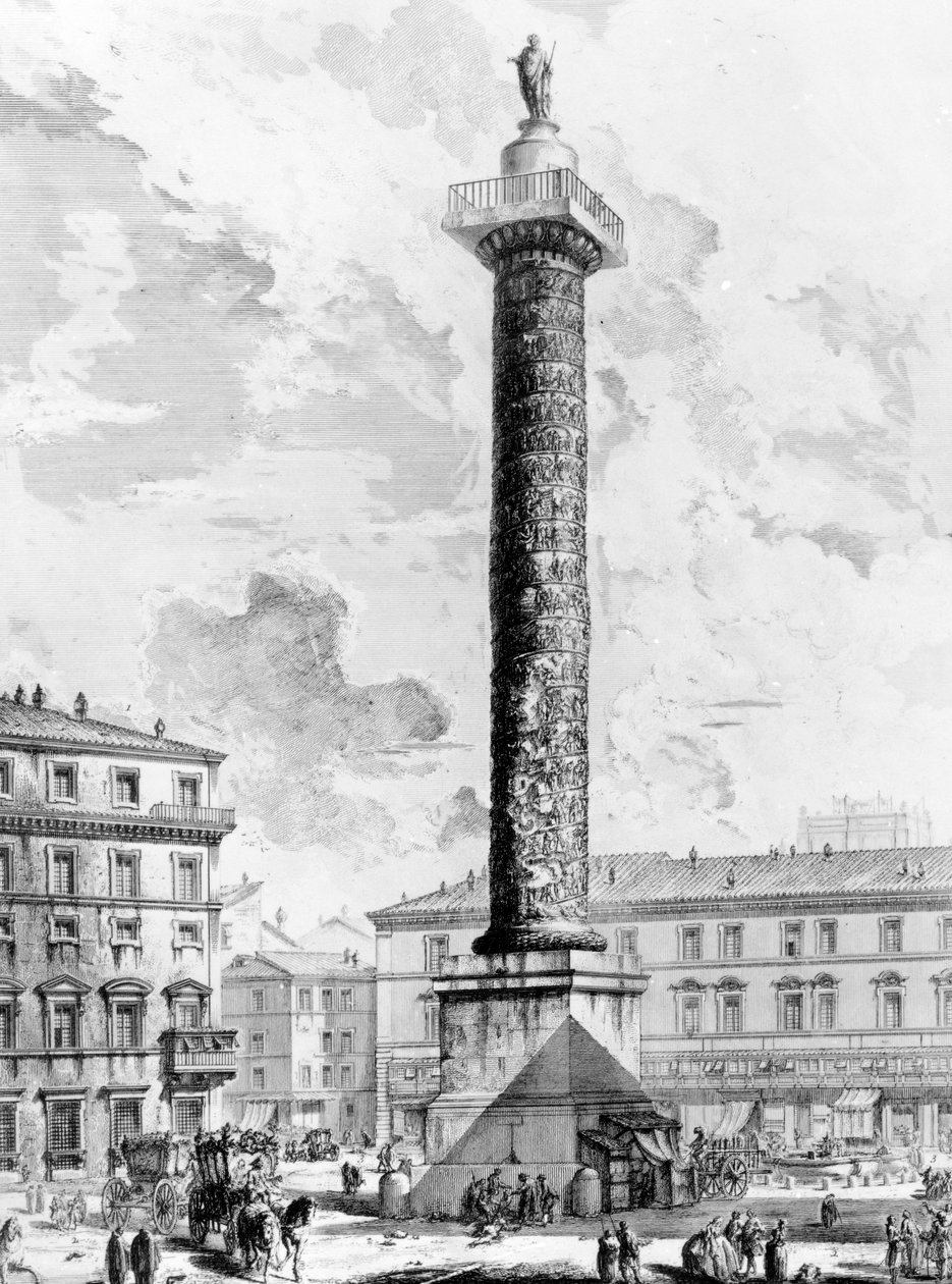 Utsikt över Marcus Aurelius kolumn på Piazza Colonna, från serien "Views of Rome", ca 1760 av Giovanni Battista Piranesi