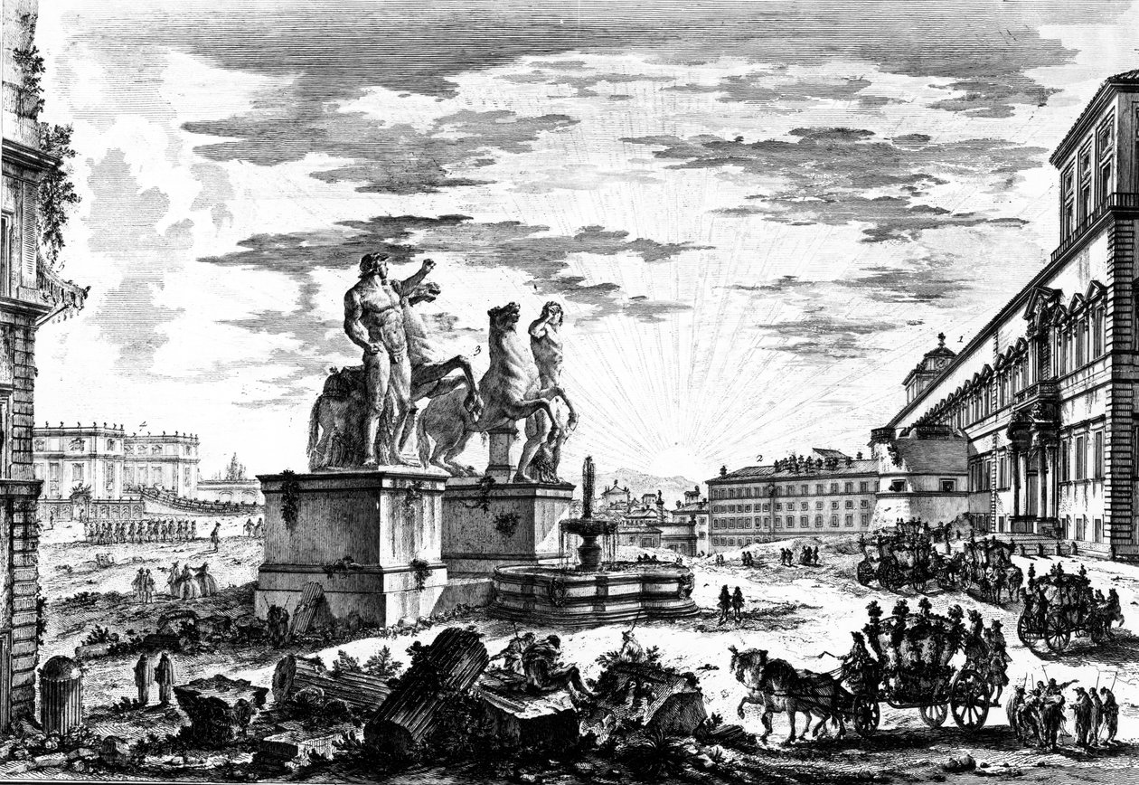 Utsikt över Piazza di Monte Cavallo eller Piazza del Quirinale, från serien "Views of Rome", ca 1760 av Giovanni Battista Piranesi
