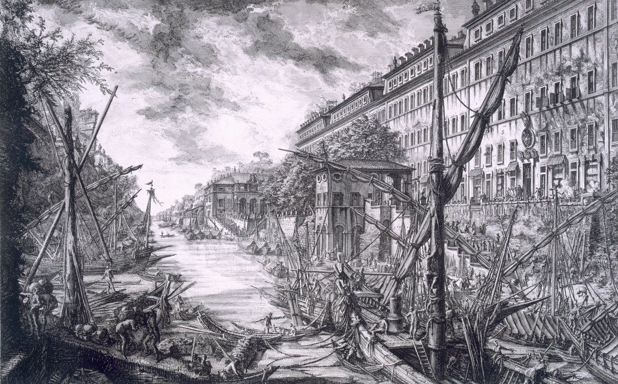 Utsikt över hamnen i Ripa Grande, från "Various Works of Architecture, Perspectives, Grotesques, Antiquities", publicerad 1743 av Giovanni Battista Piranesi