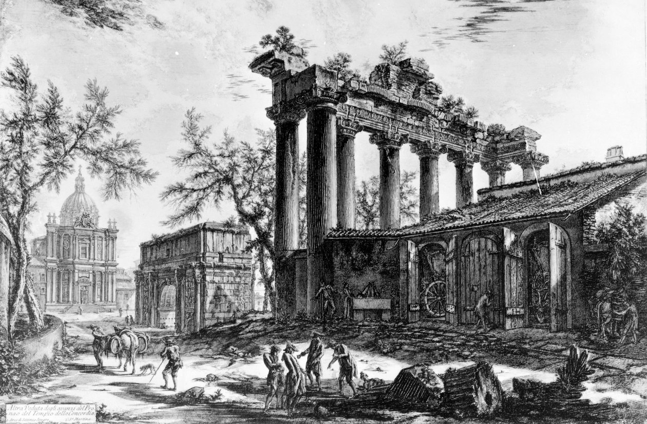 Utsikt över Concordtemplet med Septimius Severus båge och Santa Martina-kyrkan, från serien "Views of Rome", ca 1760 av Giovanni Battista Piranesi