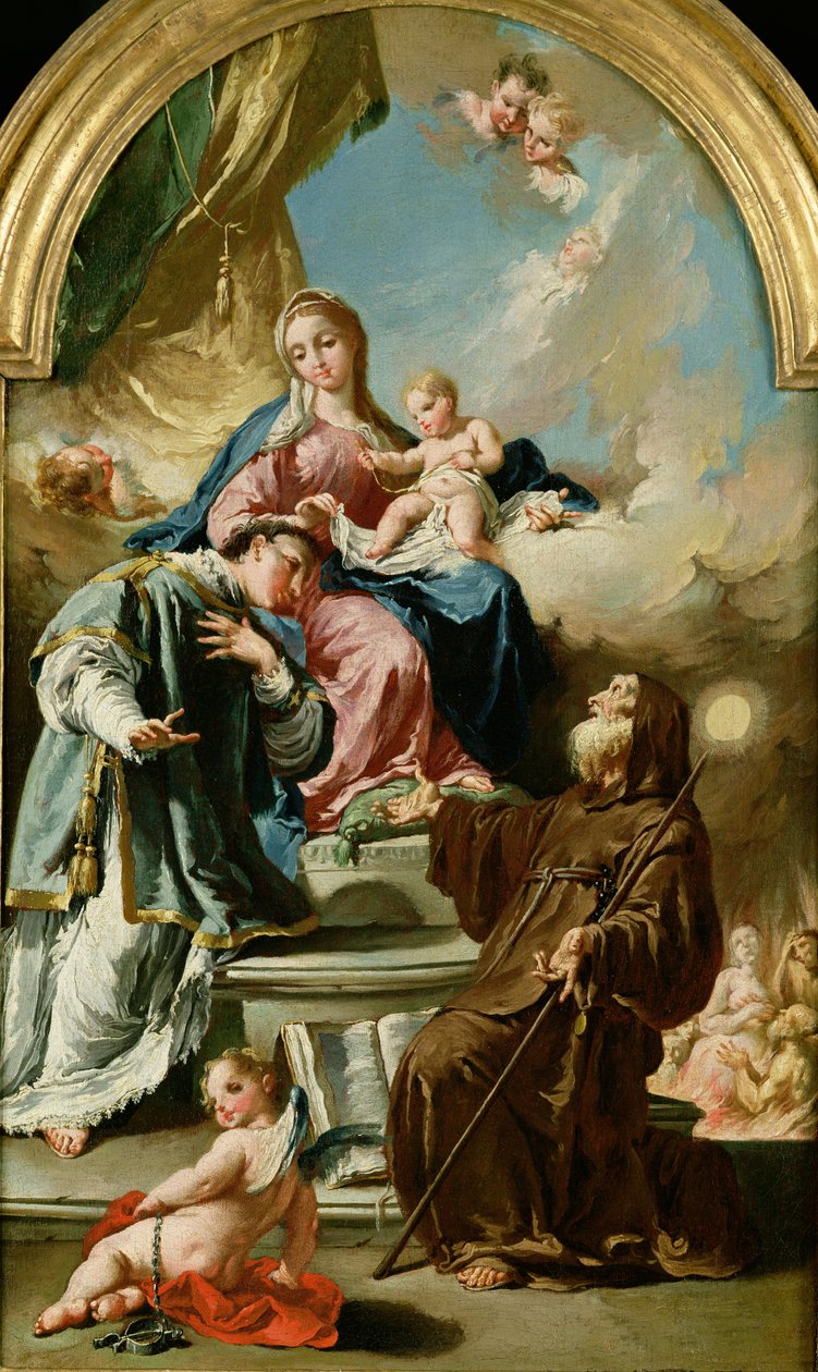 Madonna och barn med den helige Leonard och den helige Franciskus av Paola på tronen av Giovanni Battista Pittoni