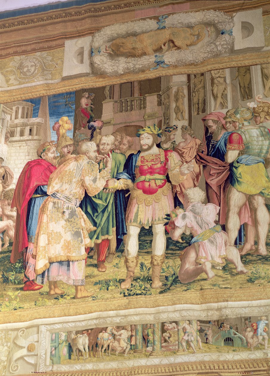 The Unification of the States, detalj som visar Frans I av Frankrike (1494-1547) (gobeläng) av Giovanni Battista Rosso Fiorentino